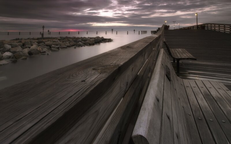 Wooden Pier at Dusk — Gray, Serene, Sunset