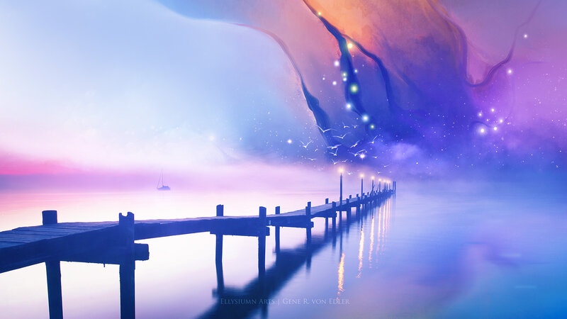 Wooden Pier at Dusk — Purple, Serene, Sunset, Digital Art