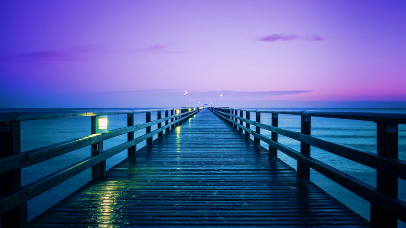 Wooden Pier at Dusk — Purple, Serene, Sunset, Photograph