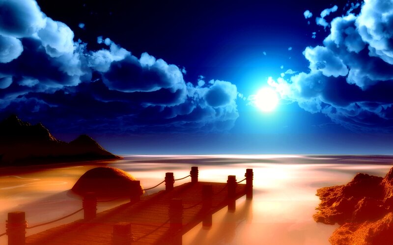Wooden Pier at Night — Blue, Dramatic, Digital Art