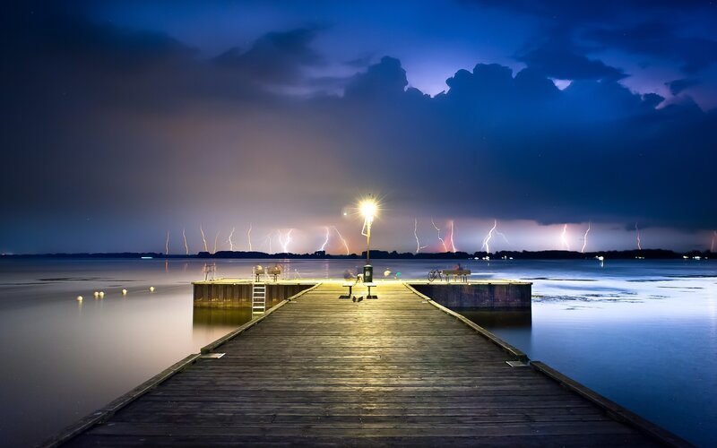 Wooden Pier at Night — Blue, Dramatic, Photograph, Lightning