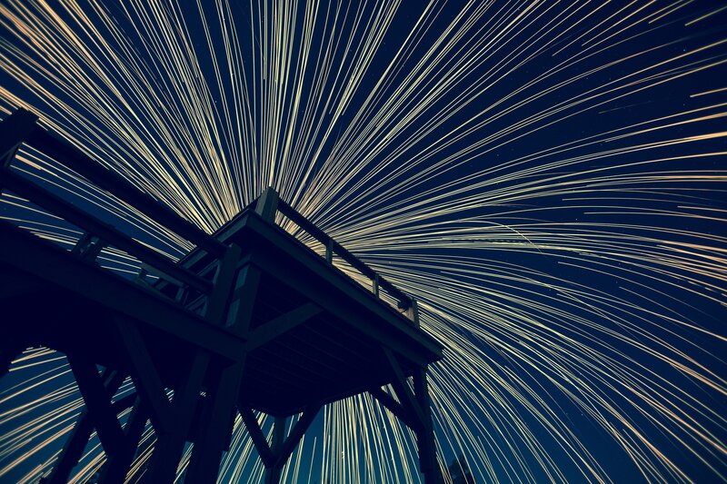 Wooden Pier at Night — Blue, Dramatic, Photograph