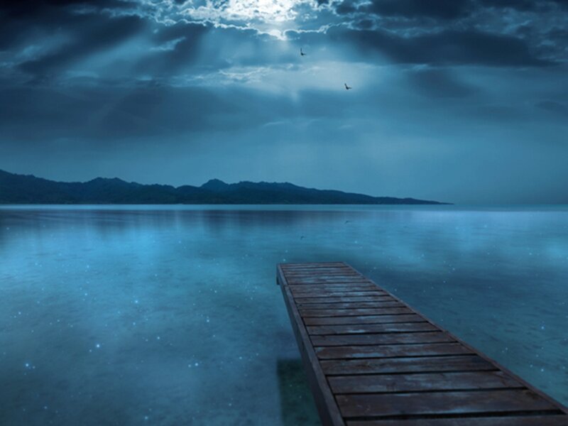 Wooden Pier at Night — Blue, Serene, Digital Art, Mountains