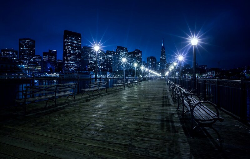 Wooden Pier at Night — Blue, Serene, Photograph, Benches
