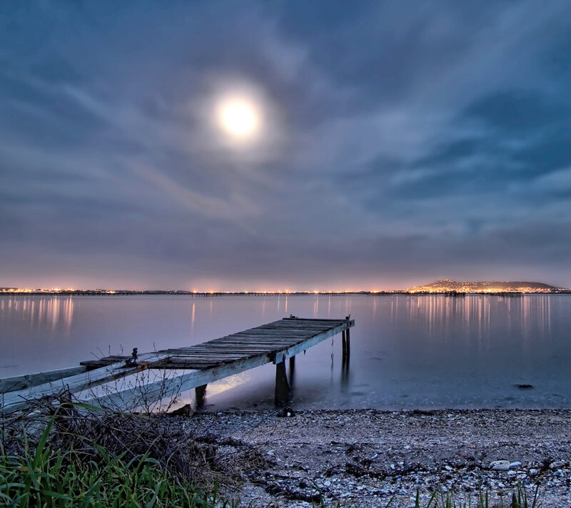 Wooden Pier at Night — Blue, Serene, Photograph, Moon
