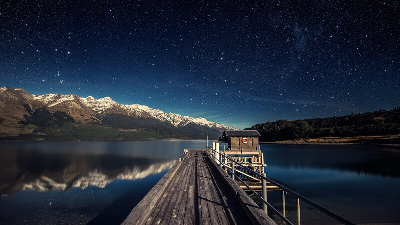 Wooden Pier at Night — Blue, Serene, Photograph, Mountains