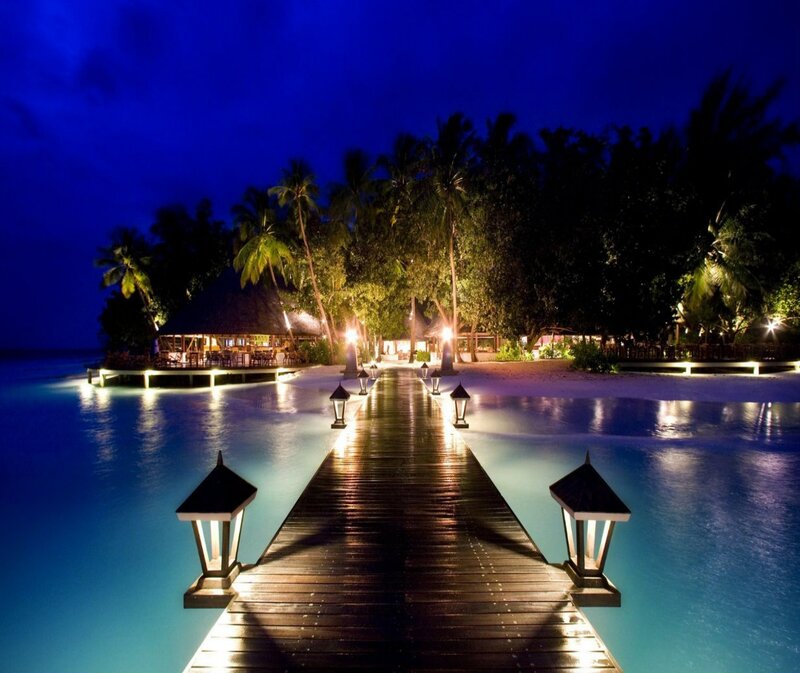 Wooden Pier at Night — Blue, Serene, Photograph, Palm Trees, Lanterns