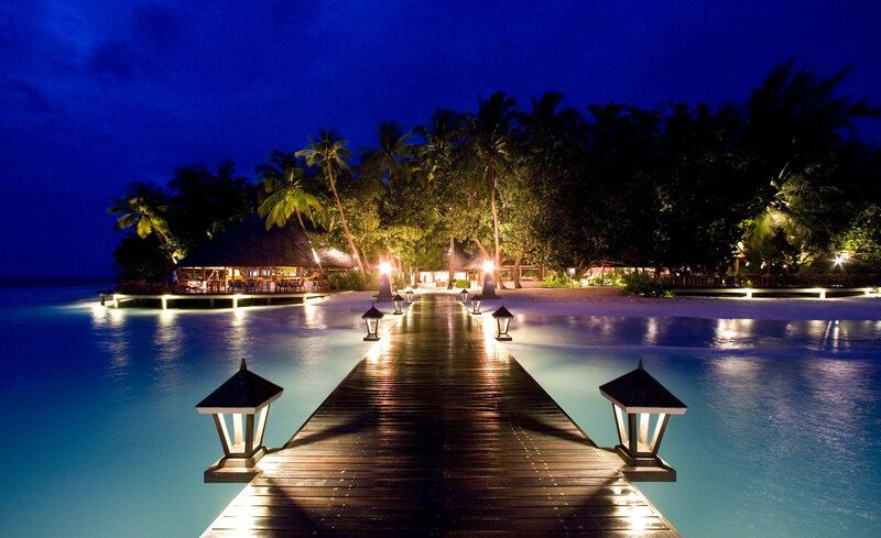 Wooden Pier at Night — Blue, Serene, Photograph, Palm Trees