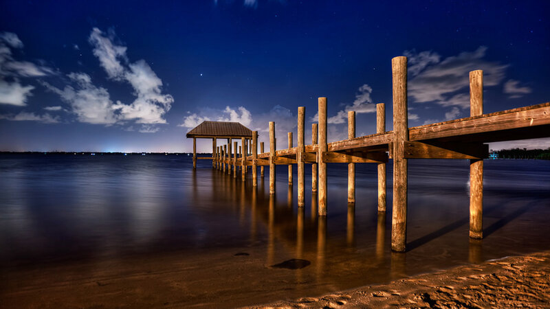 Wooden Pier at Night — Blue, Serene, Photograph, Sky