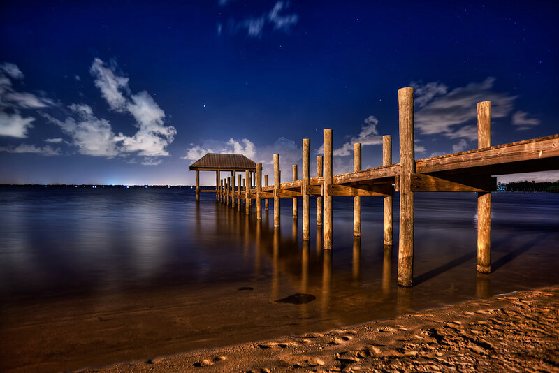 Wooden Pier at Night — Blue, Serene
