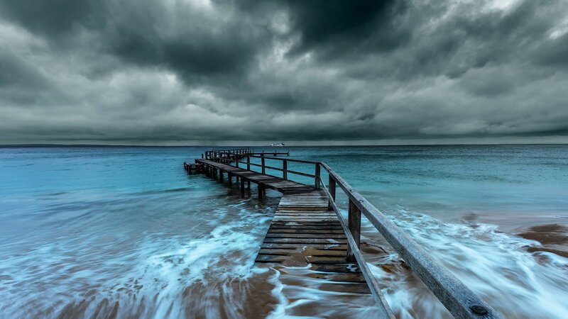 Wooden Pier at Sea — Blue, Dramatic, Photograph