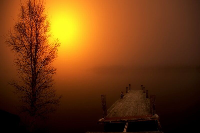 Wooden Pier at Sunrise — Orange, Serene, Photograph