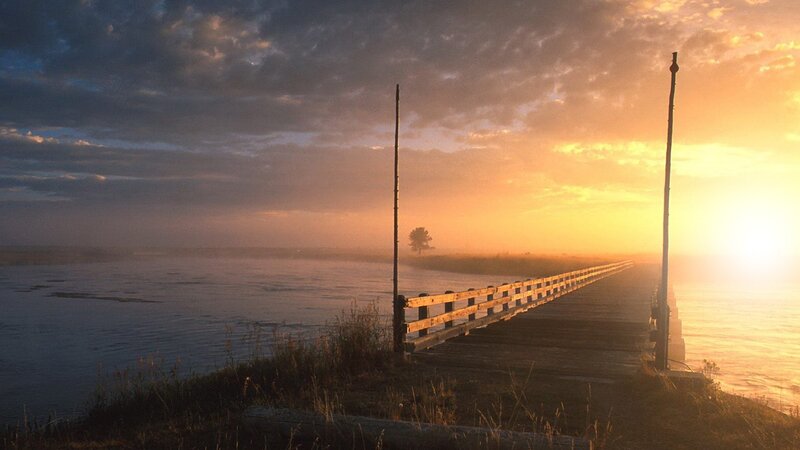 Wooden Pier at Sunrise — Orange, Serene