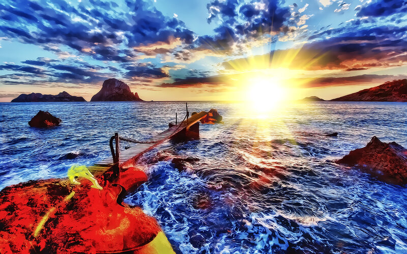 Wooden Pier at Sunset — Blue, Dramatic, Digital Art