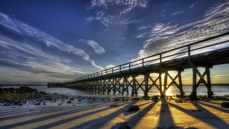 Wooden Pier at Sunset — Blue, Dramatic, Photograph, Beach, Clouds