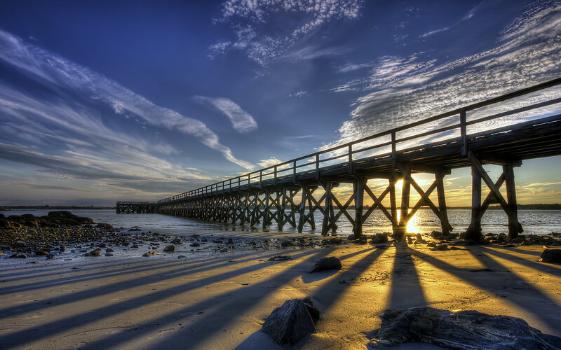 Wooden Pier at Sunset — Blue, Dramatic, Photograph, Beach, Rocks