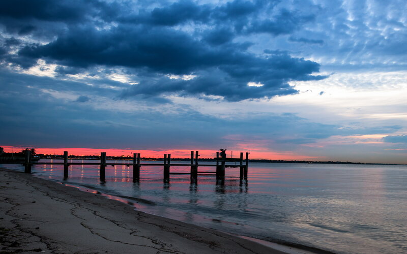 Wooden Pier at Sunset — Blue, Dramatic, Photograph, Beach