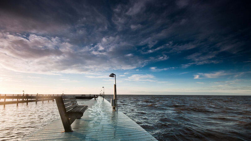Wooden Pier at Sunset — Blue, Dramatic, Photograph, Bench