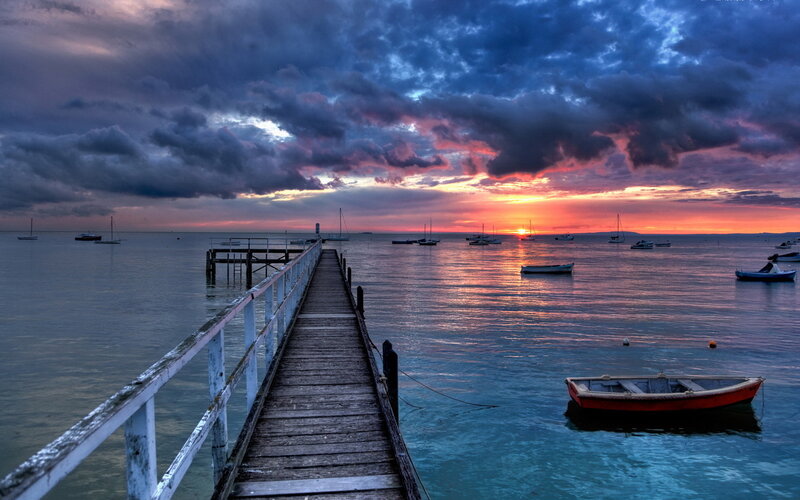 Wooden Pier at Sunset — Blue, Dramatic, Photograph, Boats, Clouds