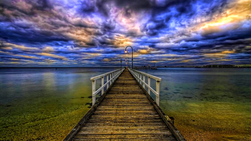Wooden Pier at Sunset — Blue, Dramatic, Photograph, Clouds, Sea