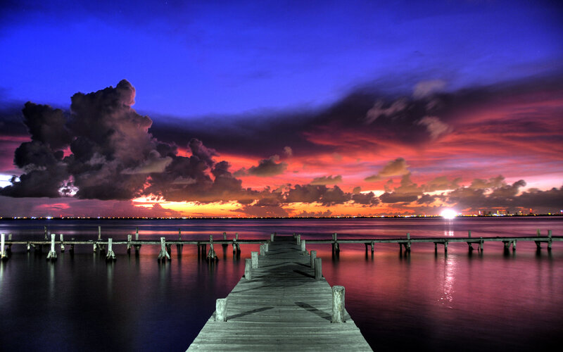 Wooden Pier at Sunset — Blue, Dramatic, Photograph, Clouds