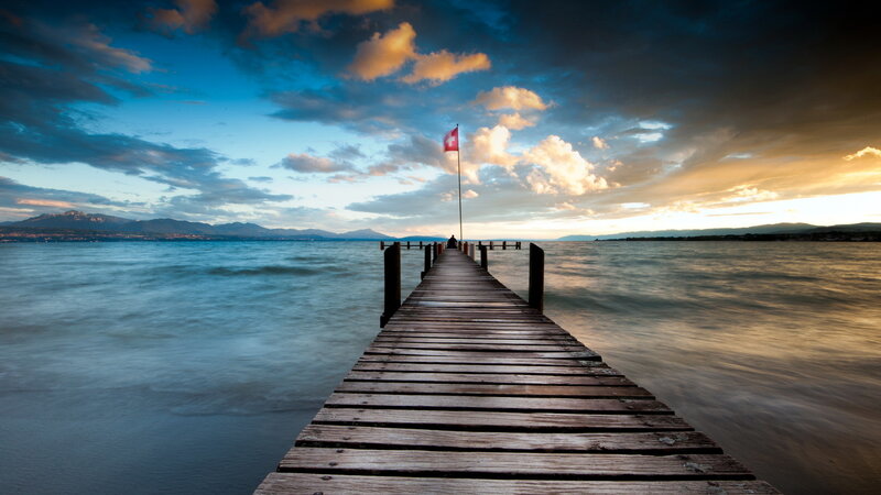 Wooden Pier at Sunset — Blue, Dramatic, Photograph, Flag