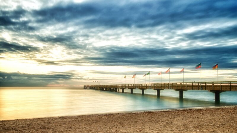Wooden Pier at Sunset — Blue, Dramatic, Photograph, Flags