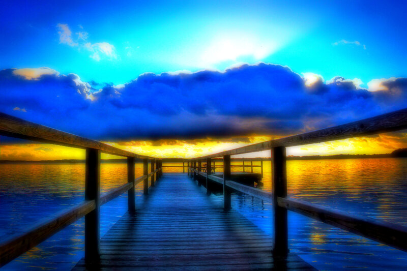 Wooden Pier at Sunset — Blue, Dramatic, Photograph, Lake