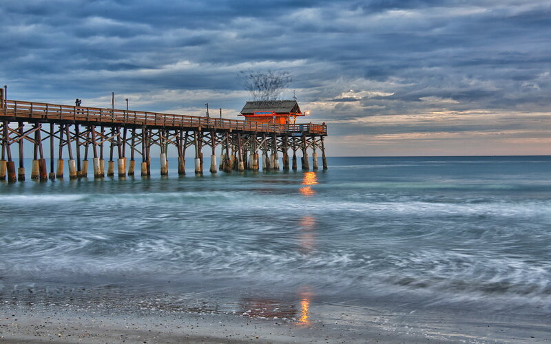 Wooden Pier at Sunset — Blue, Dramatic, Photograph, Ocean, Clouds, Beach