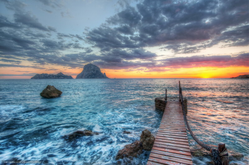 Wooden Pier at Sunset — Blue, Dramatic, Photograph, Ocean, Rocks, Clouds