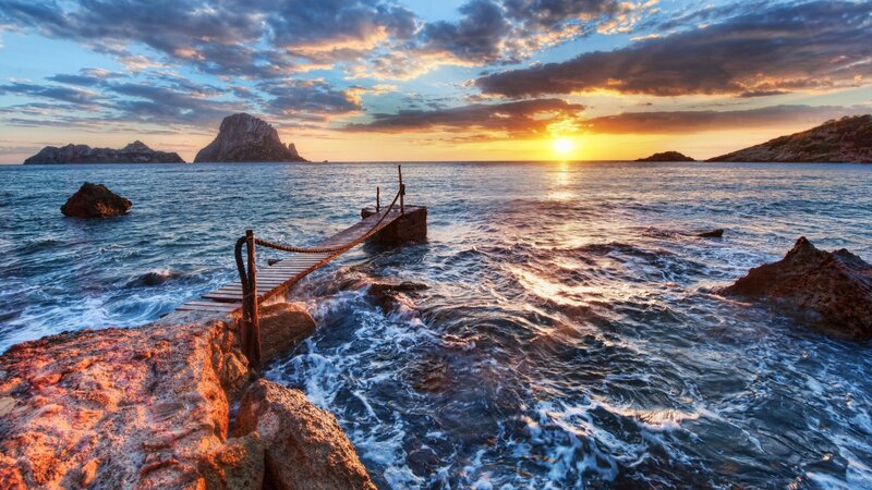 Wooden Pier at Sunset — Blue, Dramatic, Photograph, Ocean, Rocks, Island