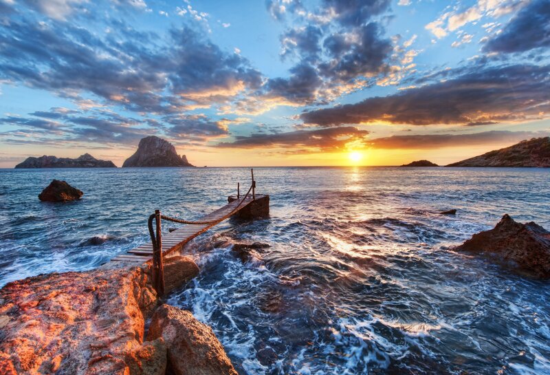Wooden Pier at Sunset — Blue, Dramatic, Photograph, Ocean, Rocks