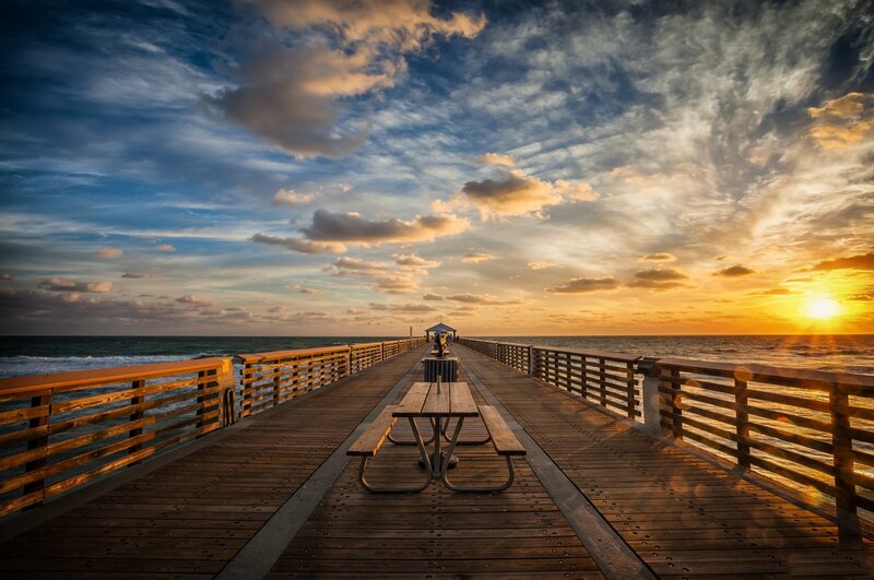 Wooden Pier at Sunset — Blue, Dramatic, Photograph, Ocean, Sky, Bench