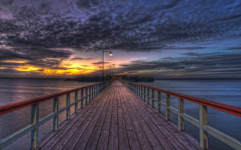 Wooden Pier at Sunset — Blue, Dramatic, Photograph, Ocean, Sky, Light