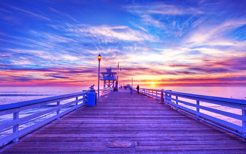 Wooden Pier at Sunset — Blue, Dramatic, Photograph, Ocean, Sky, People