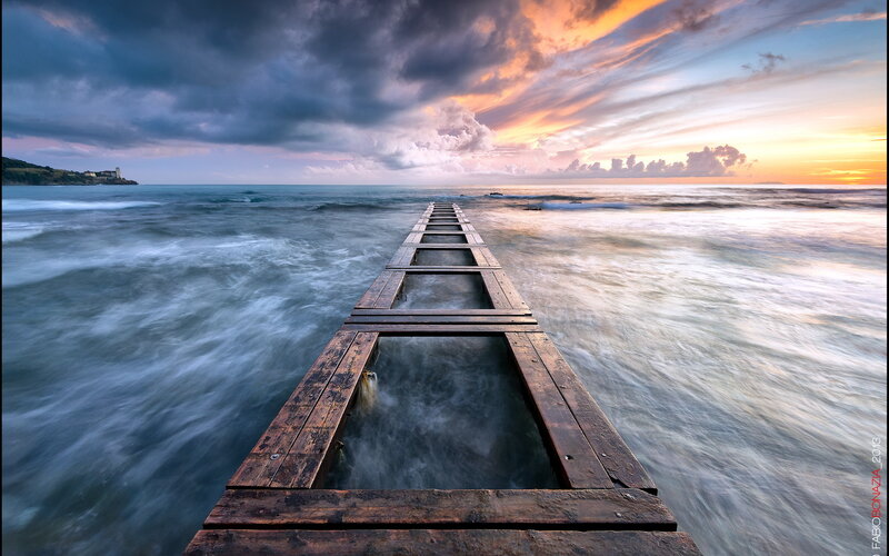 Wooden Pier at Sunset — Blue, Dramatic, Photograph, Ocean, Sky