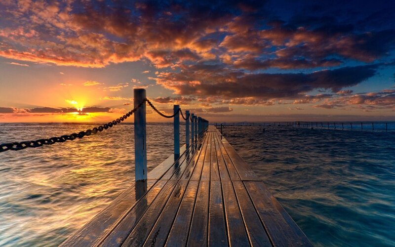 Wooden Pier at Sunset — Blue, Dramatic, Photograph, Ocean, Sun