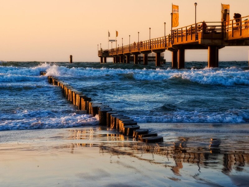 Wooden Pier at Sunset — Blue, Dramatic, Photograph, Ocean Waves