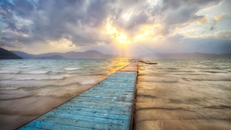 Wooden Pier at Sunset — Blue, Dramatic, Photograph, Sea