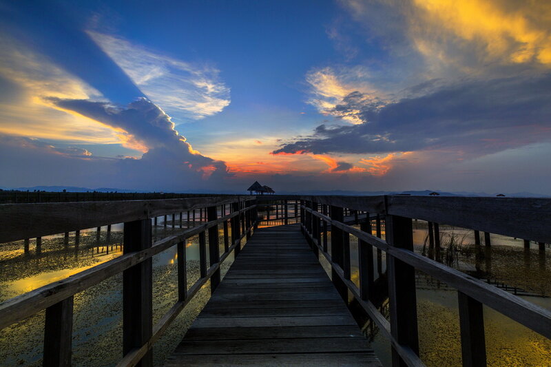 Wooden Pier at Sunset — Blue, Dramatic, Photograph, Sky, Clouds