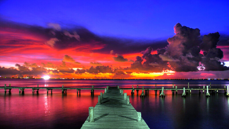 Wooden Pier at Sunset — Blue, Dramatic, Photograph, Sky, Clouds, Water