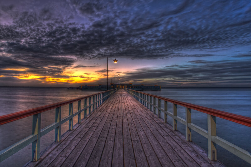 Wooden Pier at Sunset — Blue, Dramatic, Photograph, Sky
