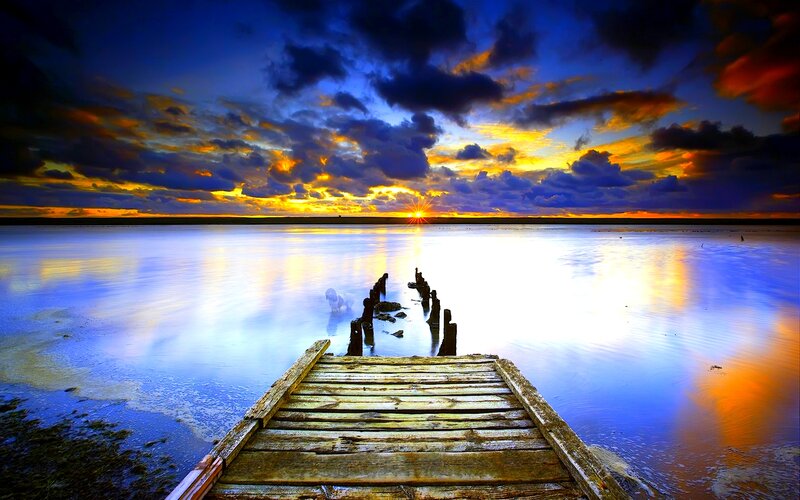 Wooden Pier at Sunset — Blue, Dramatic, Photograph, Sun