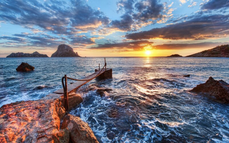 Wooden Pier at Sunset — Blue, Dramatic, Photograph