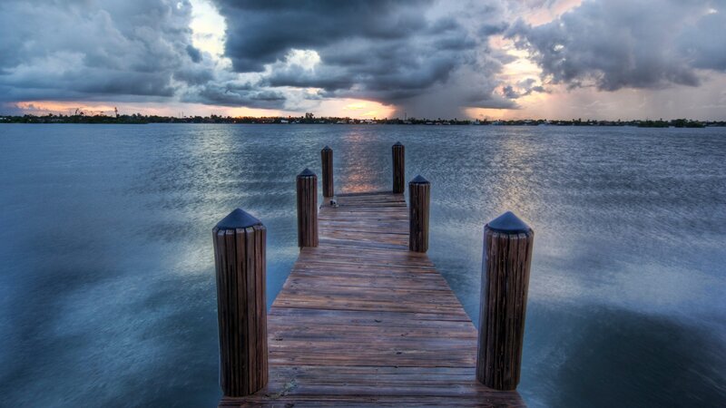 Wooden Pier at Sunset — Blue, Dramatic, Photograph, Water, Clouds, Sky