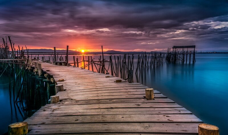 Wooden Pier at Sunset — Blue, Dramatic, Photograph, Water, Clouds