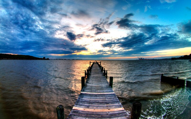 Wooden Pier at Sunset — Blue, Dramatic, Photograph, Water, Sky, Clouds
