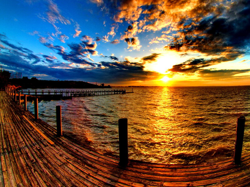 Wooden Pier at Sunset — Blue, Dramatic, Photograph, Water