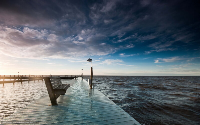 Wooden Pier at Sunset — Blue, Serene, Photograph, Bench, Lamp Post