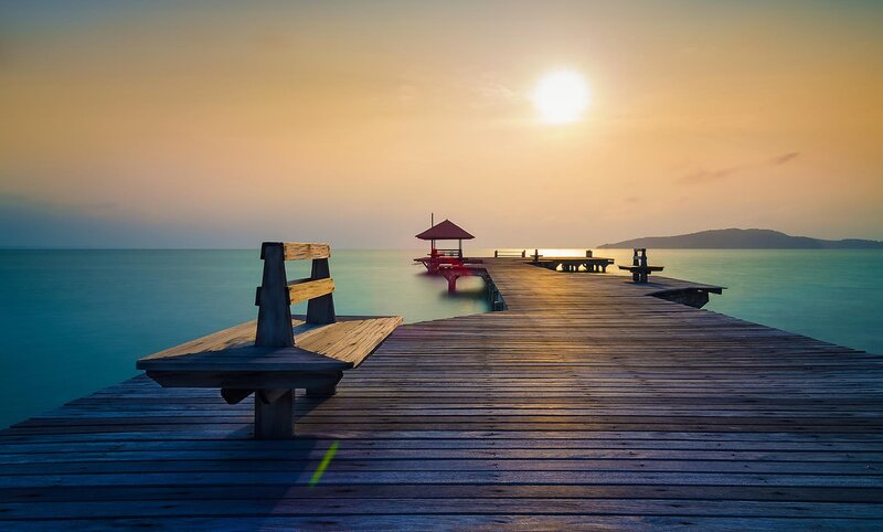 Wooden Pier at Sunset — Blue, Serene, Photograph, Bench, Pavilion